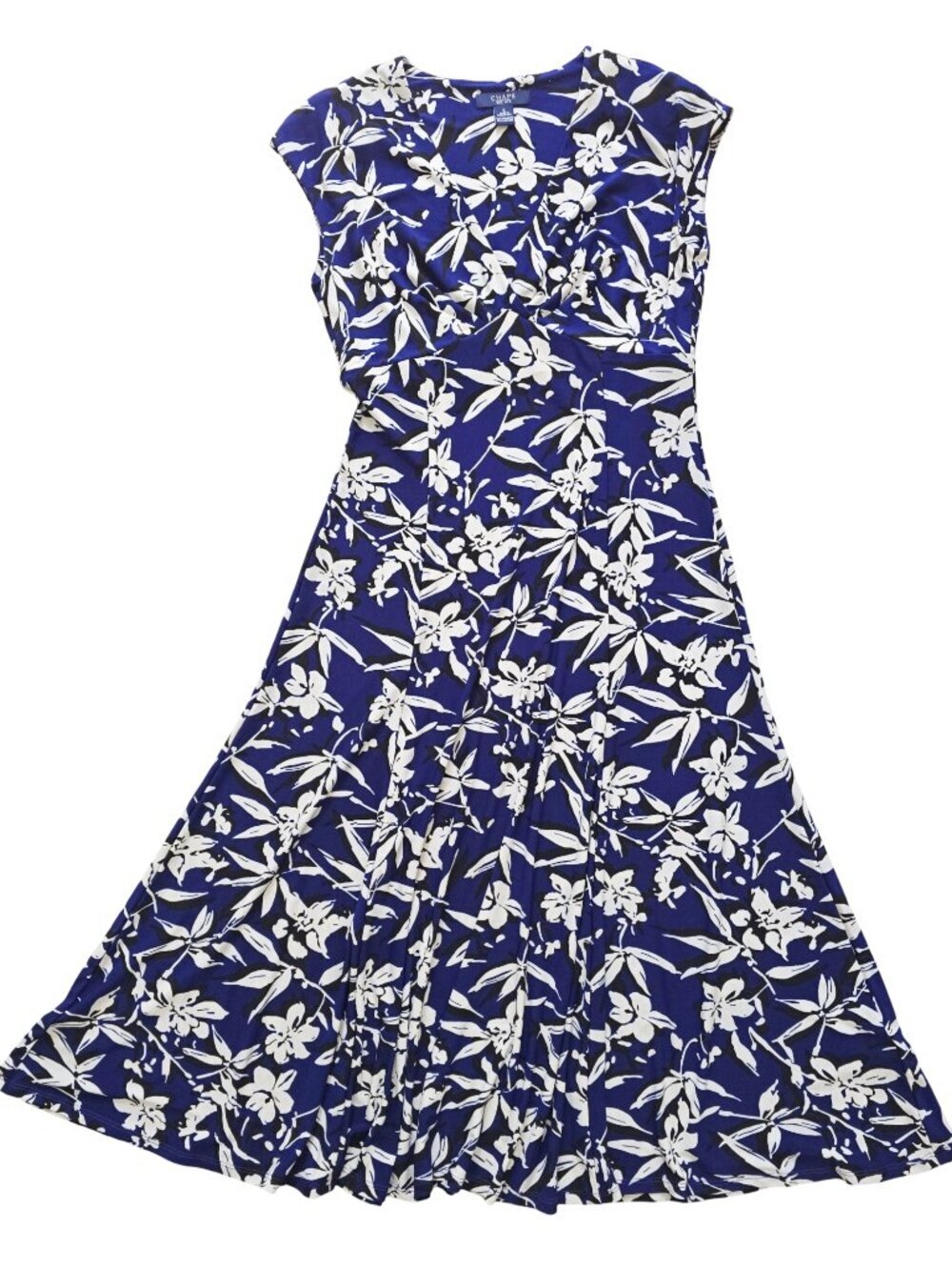 Chaps Shore Club Blue Floral V-Neck Midi Swing Dress Size S Cap Sleeve Stretch